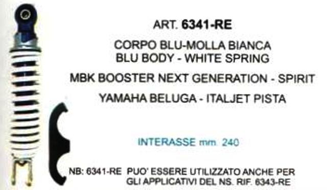 ART.6341-RE AMMORTIZZATORE POSTERIORE REGISTRABILE CORPO BLU-MOLLA BIANCA-MBK-SPIRIT-YAMAHA BELUGA-ITALJET PISTA ART.6341-RE AMMORTIZZATORE POSTERIORE REGISTRABILE CORPO BLU-MOLLA BIANCA-MBK-SPIRIT-YAMAHA BELUGA-ITALJET PISTA