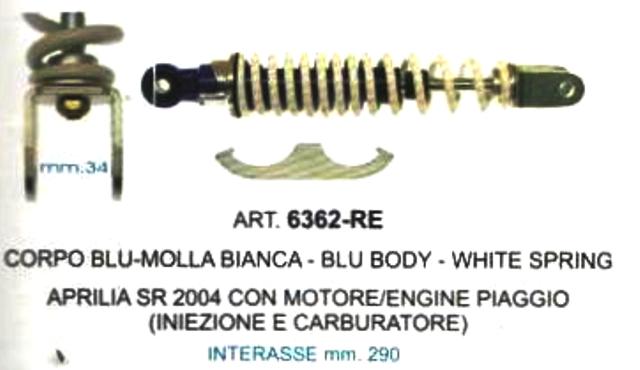 ART.6362-RE AMMORTIZZATORE POSTERIORE REGISTRABILE CORPO BLU MOLLA BIANCA -APRILIA SR2004 CON MOTORE / ENGINE PIAGGIO(INIEZIONE E CARBURATORE) ART.6362-RE AMMORTIZZATORE POSTERIORE REGISTRABILE CORPO BLU MOLLA BIANCA -APRILIA SR2004 CON MOTORE / ENGINE PIAGGIO(INIEZIONE E CARBURATORE)